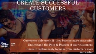CREATE SUCCESSFUL
CUSTOMERS
Customers only use it if they become more successful.
Understand the Pain & Passion of your customers.
Innovate continuously to make your customers more
successful.
 