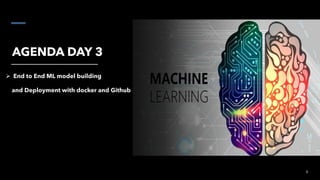 AGENDA DAY 3
3
➢ End to End ML model building
and Deployment with docker and Github
 