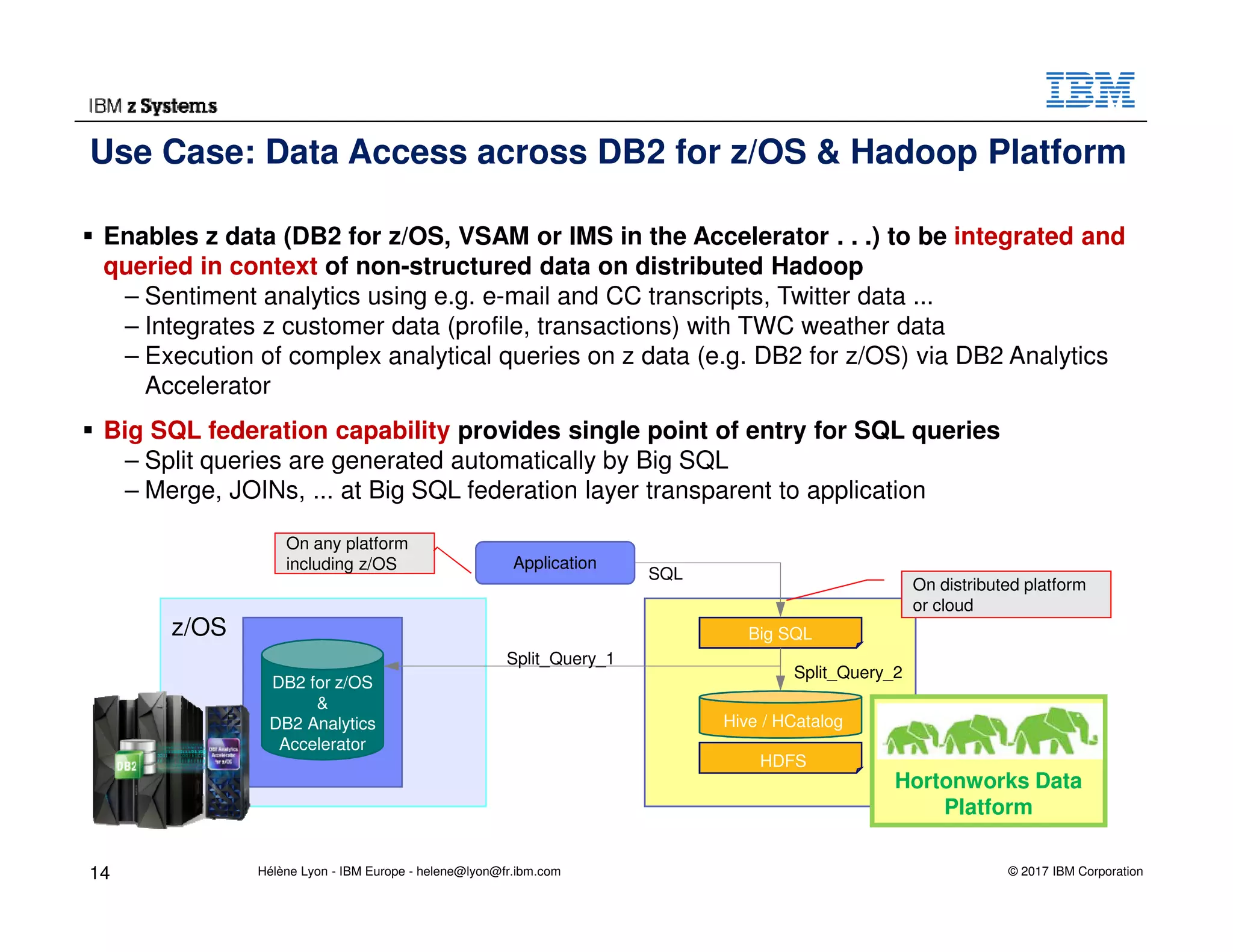 © 2017 IBM Corporation
Use Case: Data Access across DB2 for z/OS & Hadoop Platform
Enables z data (DB2 for z/OS, VSAM or IMS in the Accelerator . . .) to be integrated and
queried in context of non-structured data on distributed Hadoop
– Sentiment analytics using e.g. e-mail and CC transcripts, Twitter data ...
– Integrates z customer data (profile, transactions) with TWC weather data
– Execution of complex analytical queries on z data (e.g. DB2 for z/OS) via DB2 Analytics
Accelerator
Big SQL federation capability provides single point of entry for SQL queries
– Split queries are generated automatically by Big SQL
– Merge, JOINs, ... at Big SQL federation layer transparent to application
14
DB2 for z/OS
&
DB2 Analytics
Accelerator
HDFS
z/OS Big SQL
Hive / HCatalog
Application
SQL
Split_Query_1
Split_Query_2
On distributed platform
or cloud
On any platform
including z/OS
Hortonworks Data
Platform
Hélène Lyon - IBM Europe - helene@lyon@fr.ibm.com
 