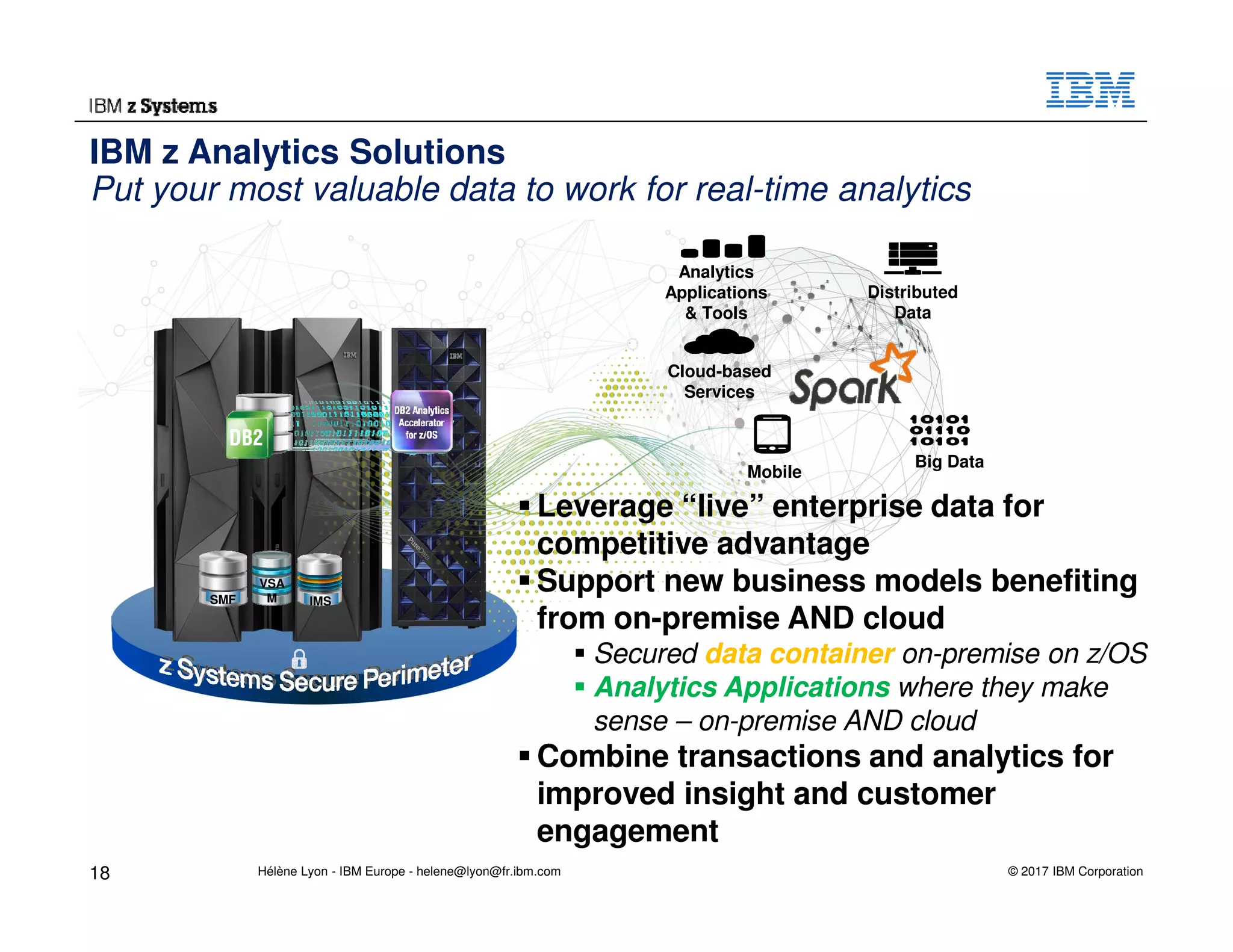 © 2017 IBM Corporation
Cloud-based
Services
Mobile
Distributed
Data
Big Data
Analytics
Applications
& Tools
SMF IMS
VSA
M
Leverage “live” enterprise data for
competitive advantage
Support new business models benefiting
from on-premise AND cloud
Secured data container on-premise on z/OS
Analytics Applications where they make
sense – on-premise AND cloud
Combine transactions and analytics for
improved insight and customer
engagement
IBM z Analytics Solutions
Put your most valuable data to work for real-time analytics
18 Hélène Lyon - IBM Europe - helene@lyon@fr.ibm.com
 