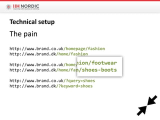The pain
http://www.brand.co.uk/homepage/fashion
http://www.brand.dk/home/fashion
http://www.brand.co.uk/home/fashion/footwear
http://www.brand.dk/home/fashion/shoes-boots
http://www.brand.co.uk/?query=shoes
http://www.brand.dk/?keyword=shoes
Technical setup
 