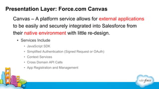 Presentation Layer: Force.com Canvas
Canvas – A platform service allows for external applications
to be easily and securely integrated into Salesforce from
their native environment with little re-design.
▪ Services Include
• JavaScript SDK
• Simplified Authentication (Signed Request or OAuth)
• Context Services
• Cross Domain API Calls
• App Registration and Management

 