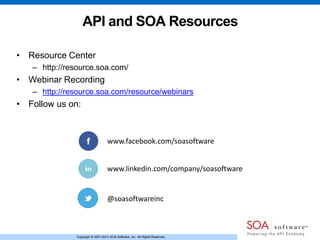 Copyright © 2001-2013 SOA Software, Inc. All Rights Reserved.Copyright © 2001-2013 SOA Software, Inc. All Rights Reserved.
API and SOA Resources
• Resource Center
– http://resource.soa.com/
• Webinar Recording
– http://resource.soa.com/resource/webinars
• Follow us on:
www.facebook.com/soasoftware
www.linkedin.com/company/soasoftware
@soasoftwareinc
 