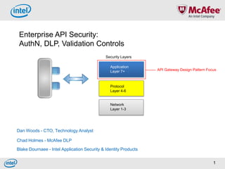 Enterprise API Security:
 AuthN, DLP, Validation Controls
                                              Security Layers

                                                Application
                                                Layer 7+          API Gateway Design Pattern Focus



                                                Protocol
                                                Layer 4-6


                                                Network
                                                Layer 1-3




Dan Woods - CTO, Technology Analyst

Chad Holmes - McAfee DLP

Blake Dournaee - Intel Application Security & Identity Products


                                                                                                1
 