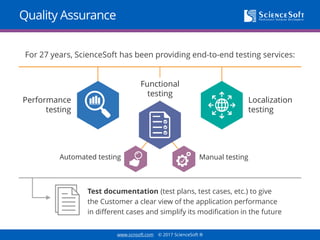 www.scnsoft.com © 2017 ScienceSoft ®
Quality Assurance
For 27 years, ScienceSoft has been providing end-to-end testing services:
Test documentation (test plans, test cases, etc.) to give
the Customer a clear view of the application performance
in different cases and simplify its modification in the future
Localization
testing
Manual testingAutomated testing
Performance
testing
Functional
testing
 
