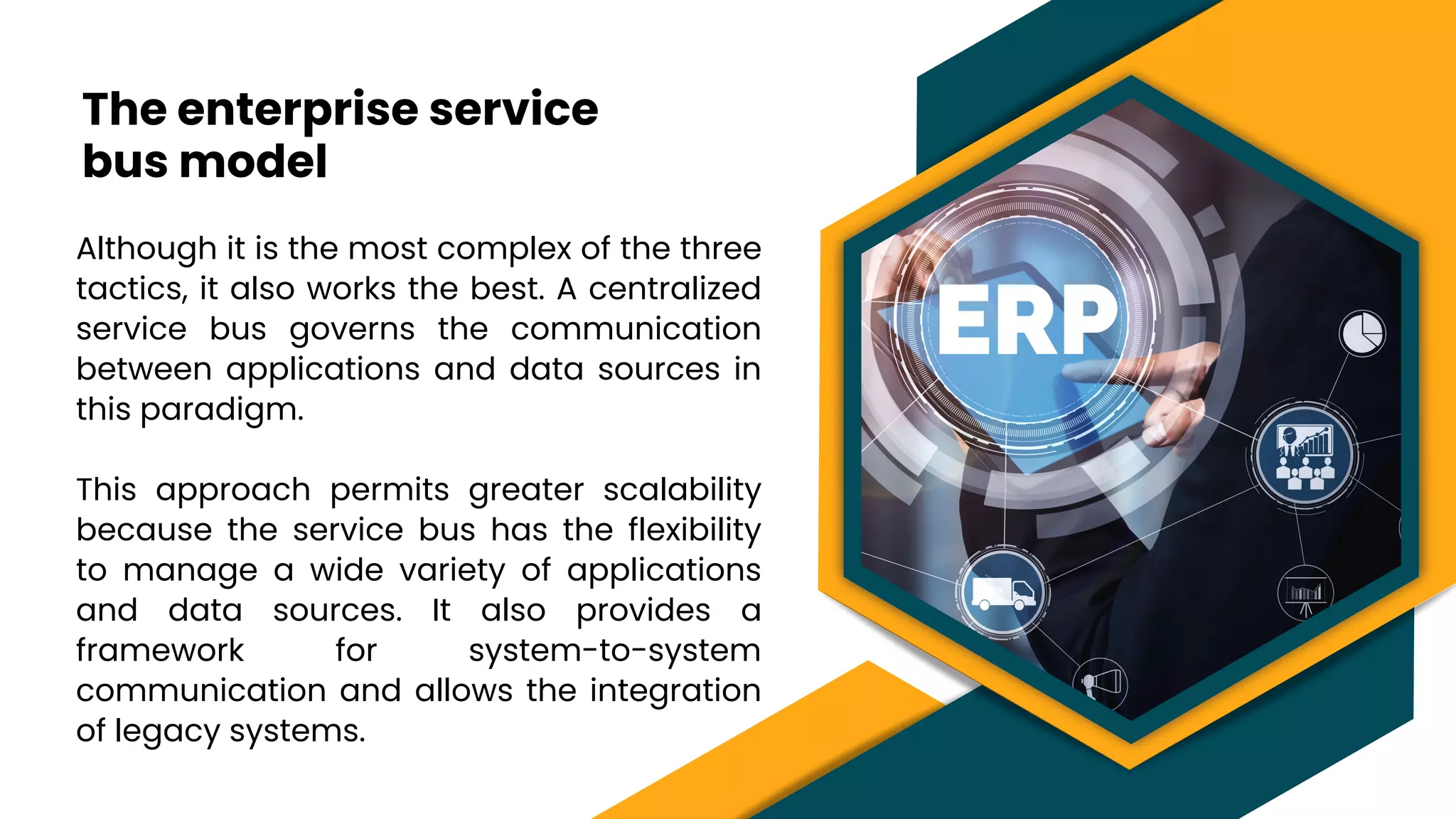 The enterprise service
bus model
Although it is the most complex of the three
tactics, it also works the best. A centralized
service bus governs the communication
between applications and data sources in
this paradigm.
This approach permits greater scalability
because the service bus has the flexibility
to manage a wide variety of applications
and data sources. It also provides a
framework for system-to-system
communication and allows the integration
of legacy systems.
 