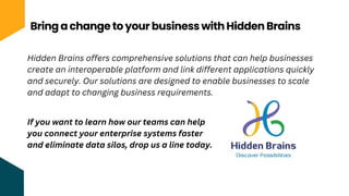 Bring a change to your business with Hidden Brains
Hidden Brains offers comprehensive solutions that can help businesses
create an interoperable platform and link different applications quickly
and securely. Our solutions are designed to enable businesses to scale
and adapt to changing business requirements.
If you want to learn how our teams can help
you connect your enterprise systems faster
and eliminate data silos, drop us a line today.
 