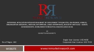 ENTERPRISE APPLICATION INTEGRATION MARKET BY DEPLOYMENT TYPE(HOSTED, ON-PREMISE, HYBRID),
ORGANIZATION SIZE(SMALL, MEDIUM, ENTERPRISES, LARGE ENTERPRISES), INDUSTRY VERTICALS - GLOBAL
ADVANCEMENTS, WORLDWIDE FORECASTS & ANALYSIS (2014-2019)
BY
MARKETSANDMARKETS
www.rnrmarketresearch.comWEBSITE
Single User License: US$ 4650
No of Pages: 160 Corporate User License: US$ 7150
 