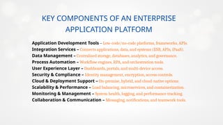KEY COMPONENTS OF AN ENTERPRISE
APPLICATION PLATFORM
Application Development Tools – Low-code/no-code platforms, frameworks, APIs.
Integration Services – Connects applications, data, and systems (ESB, APIs, iPaaS).
Data Management – Centralized storage, databases, analytics, and governance.
Process Automation – Workflow engines, RPA, and orchestration tools.
User Experience Layer – Dashboards, portals, and multi-device access.
Security & Compliance – Identity management, encryption, access controls.
Cloud & Deployment Support – On-premise, hybrid, and cloud-native options.
Scalability & Performance – Load balancing, microservices, and containerization.
Monitoring & Management – System health, logging, and performance tracking.
Collaboration & Communication – Messaging, notifications, and teamwork tools.
 
