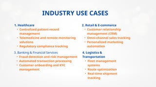 INDUSTRY USE CASES
1. Healthcare
• Centralized patient record
management
• Telemedicine and remote monitoring
solutions
• Regulatory compliance tracking
2. Retail & E-commerce
• Customer relationship
management (CRM)
• Omni-channel sales tracking
• Personalized marketing
automation
3. Banking & Financial Services
• Fraud detection and risk management
• Automated transaction processing
• Customer onboarding and KYC
management
4. Logistics &
Transportation
• Fleet management
systems
• Route optimization
• Real-time shipment
tracking
 