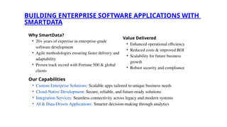 BUILDING ENTERPRISE SOFTWARE APPLICATIONS WITH
SMARTDATA
Why SmartData?
• 20+ years of expertise in enterprise-grade
software development
• Agile methodologies ensuring faster delivery and
adaptability
• Proven track record with Fortune 500 & global
clients
Value Delivered
• Enhanced operational efficiency
• Reduced costs & improved ROI
• Scalability for future business
growth
• Robust security and compliance
Our Capabilities
• Custom Enterprise Solutions: Scalable apps tailored to unique business needs
• Cloud-Native Development: Secure, reliable, and future-ready solutions
• Integration Services: Seamless connectivity across legacy and modern systems
• AI & Data-Driven Applications: Smarter decision-making through analytics
 