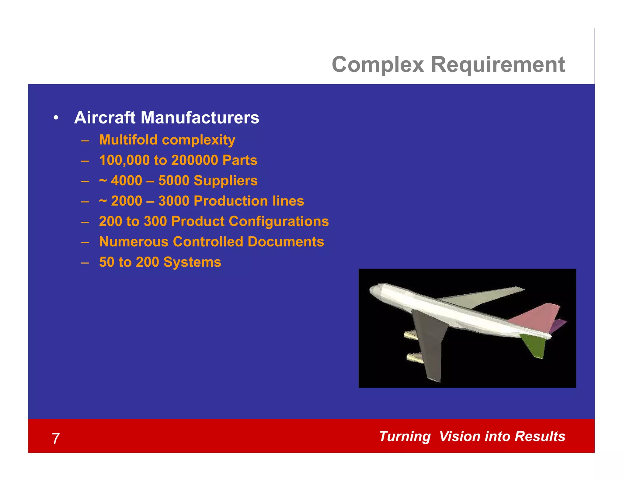 Complex Requirement

• Aircraft Manufacturers
    –   Multifold complexity
    –   100,000 to 200000 Parts
    –   ~ 4000 – 5000 Suppliers
    –   ~ 2000 – 3000 Production lines
    –   200 to 300 Product Configurations
    –   Numerous Controlled Documents
    –   50 to 200 Systems




7                                              Turning Vision into Results
 