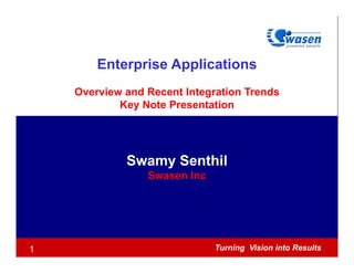 Enterprise Applications
    Overview and Recent Integration Trends
            Key Note Presentation




             Swamy Senthil
                 Swasen Inc




1                             Turning Vision into Results
 