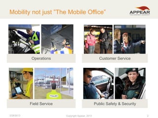 Mobility not just ”The Mobile Office”

Operations

Field Service
2/28/2013

Customer Service

Public Safety & Security
Copyright Appear, 2012
2013

2

 