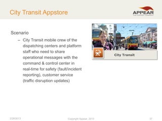 City Transit Appstore
Scenario
– City Transit mobile crew of the
dispatching centers and platform
staff who need to share
operational messages with the
command & control center in
real-time for safety (fault/incident
reporting), customer service
(traffic disruption updates)

2/28/2013

Copyright Appear, 2012
2013

City Transit

37

 