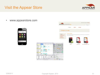 Visit the Appear Store
• www.appearstore.com

2/28/2013

Copyright Appear, 2012
2013

51

 