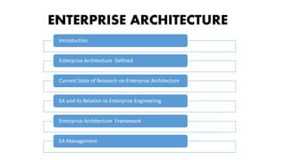 ENTERPRISE ARCHITECTURE
Introduction
Enterprise Architecture Defined
Current State of Research on Enterprise Architecture
EA and its Relation to Enterprise Engineering
Enterprise Architecture Framework
EA Management
 