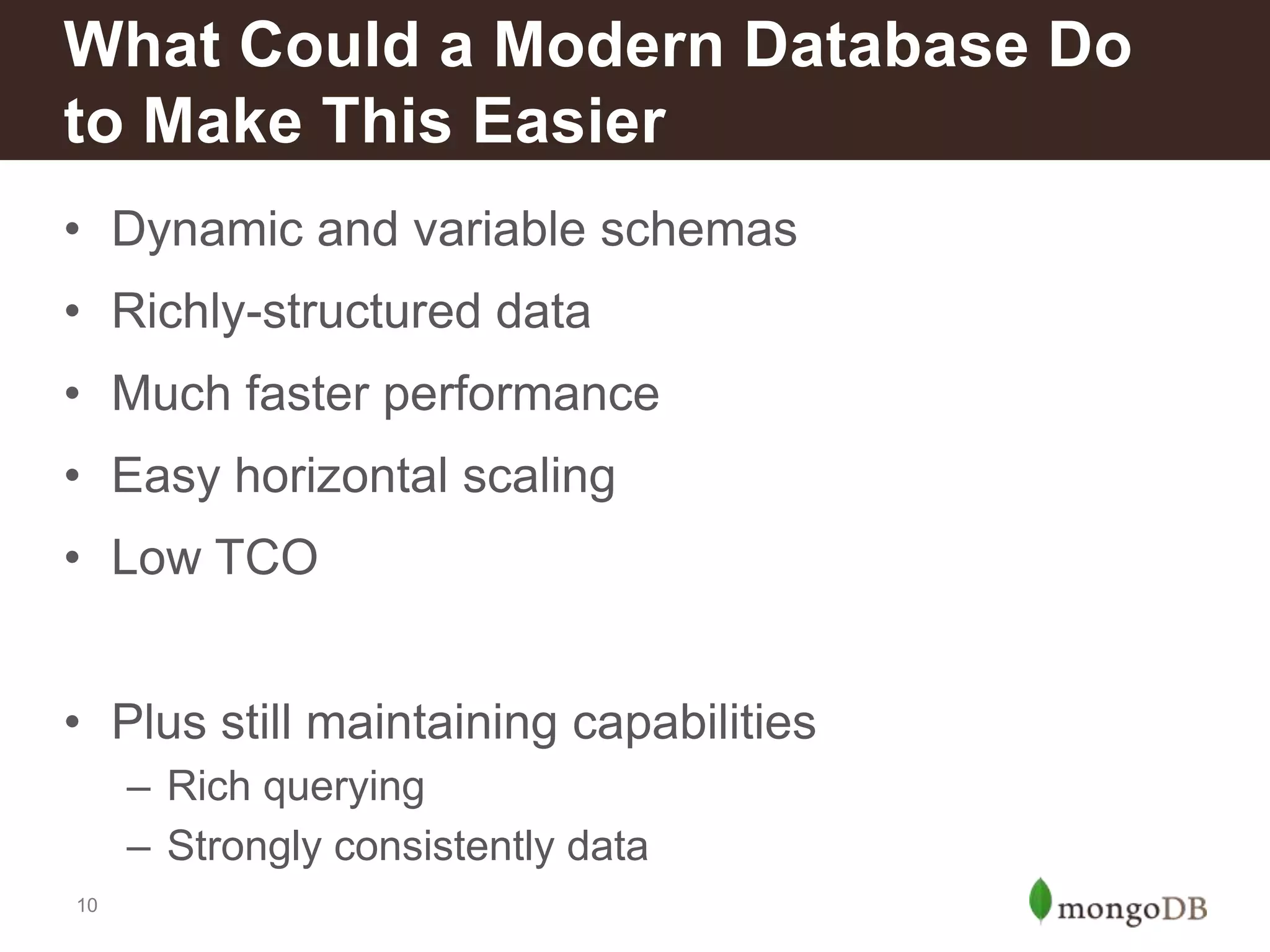 What Could a Modern Database Do
to Make This Easier
• Dynamic and variable schemas
• Richly-structured data
• Much faster performance
• Easy horizontal scaling
• Low TCO
• Plus still maintaining capabilities
– Rich querying
– Strongly consistently data
10

 