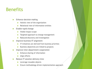 Benefits


Enhance decision making





Holistic view of the organization
Relational view of information entities

Enable rapid change



Targeted approach to change management





Visible impact scope
Reduced discovery and investigation

Improve business/IT alignment






IT initiatives are derived from business priorities

Business objectives are linked to projects

Improve inter-department cooperation





Enhance sharing of information
Align efforts

Reduce IT solution delivery time


Leverage reusable objects



Ensure methodology driven implementation approach

 