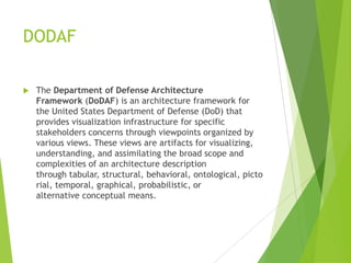 DODAF


The Department of Defense Architecture
Framework (DoDAF) is an architecture framework for
the United States Department of Defense (DoD) that
provides visualization infrastructure for specific
stakeholders concerns through viewpoints organized by
various views. These views are artifacts for visualizing,
understanding, and assimilating the broad scope and
complexities of an architecture description
through tabular, structural, behavioral, ontological, picto
rial, temporal, graphical, probabilistic, or
alternative conceptual means.

 