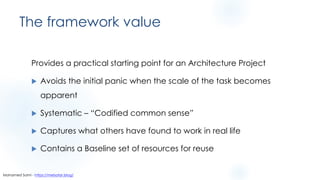The framework value
Provides a practical starting point for an Architecture Project
u Avoids the initial panic when the scale of the task becomes
apparent
u Systematic – “Codified common sense”
u Captures what others have found to work in real life
u Contains a Baseline set of resources for reuse
Mohamed Sami - https://melsatar.blog/
 