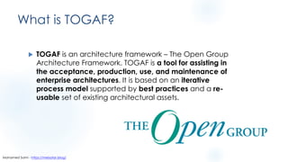 What is TOGAF?
u TOGAF is an architecture framework – The Open Group
Architecture Framework. TOGAF is a tool for assisting in
the acceptance, production, use, and maintenance of
enterprise architectures. It is based on an iterative
process model supported by best practices and a re-
usable set of existing architectural assets.
Mohamed Sami - https://melsatar.blog/
 