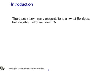 2<br />Introduction<br /> 	There are many, many presentations on what EA does, but few about why we need EA. <br />