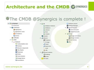 www.synergics.be
Architecture and the CMDB
The CMDB @Synergics is complete !
4
 