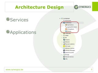 www.synergics.be
Architecture Design
7
Services
Applications
 