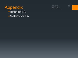 Appendix
▪Risks of EA
▪Metrics for EA
Robert R. Rowntree
10
 