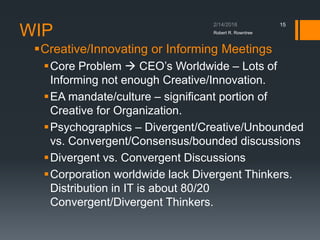 WIP
▪Creative/Innovating or Informing Meetings
▪Core Problem  CEO’s Worldwide – Lots of
Informing not enough Creative/Innovation.
▪EA mandate/culture – significant portion of
Creative for Organization.
▪Psychographics – Divergent/Creative/Unbounded
vs. Convergent/Consensus/bounded discussions
▪Divergent vs. Convergent Discussions
▪Corporation worldwide lack Divergent Thinkers.
Distribution in IT is about 80/20
Convergent/Divergent Thinkers.
Robert R. Rowntree
15
 