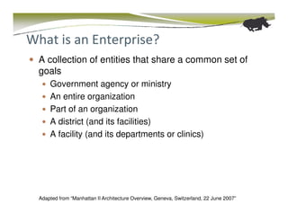 What is an Enterprise?
  A collection of entities that share a common set of
  goals
      Government agency or ministry
      An entire organization
      Part of an organization
      A district (and its facilities)
      A facility (and its departments or clinics)




  Adapted from “Manhattan II Architecture Overview, Geneva, Switzerland, 22 June 2007”
 