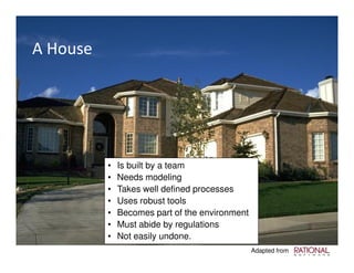 A House




          •   Is built by a team
          •   Needs modeling
          •   Takes well defined processes
          •   Uses robust tools
          •   Becomes part of the environment
          •   Must abide by regulations
          •   Not easily undone.
                                                Adapted from
 