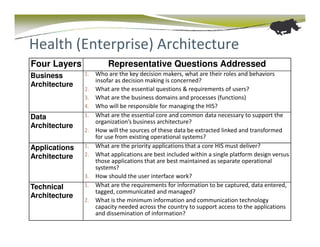 Health (Enterprise) Architecture
Four Layers             Representative Questions Addressed
Business       1.   Who are the key decision makers, what are their roles and behaviors
                    insofar as decision making is concerned?
Architecture
               2.   What are the essential questions & requirements of users?
               3.   What are the business domains and processes (functions)
               4.   Who will be responsible for managing the HIS?
Data           1.   What are the essential core and common data necessary to support the
                    organization’s business architecture?
Architecture
               2.   How will the sources of these data be extracted linked and transformed
                    for use from existing operational systems?
Applications   1.   What are the priority applications that a core HIS must deliver?
Architecture   2.   What applications are best included within a single platform design versus
                    those applications that are best maintained as separate operational
                    systems?
               3.   How should the user interface work?
Technical      1.   What are the requirements for information to be captured, data entered,
                    tagged, communicated and managed?
Architecture
               2.   What is the minimum information and communication technology
                    capacity needed across the country to support access to the applications
                    and dissemination of information?
 
