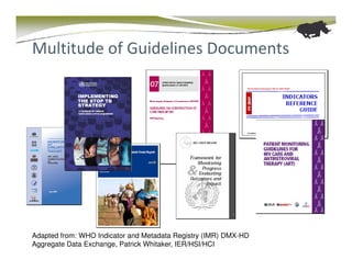 Multitude of Guidelines Documents




Adapted from: WHO Indicator and Metadata Registry (IMR) DMX-HD
Aggregate Data Exchange, Patrick Whitaker, IER/HSI/HCI
 
