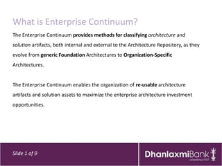 What is Enterprise Continuum?
The Enterprise Continuum provides methods for classifying architecture and
solution artifacts, both internal and external to the Architecture Repository, as they
evolve from generic Foundation Architectures to Organization-Specific
Architectures.


The Enterprise Continuum enables the organization of re-usable architecture
artifacts and solution assets to maximize the enterprise architecture investment
opportunities.




Slide 1 of 9
 