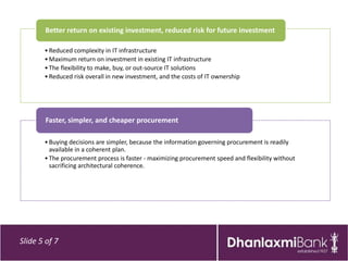 Better return on existing investment, reduced risk for future investment

       • Reduced complexity in IT infrastructure
       • Maximum return on investment in existing IT infrastructure
       • The flexibility to make, buy, or out-source IT solutions
       • Reduced risk overall in new investment, and the costs of IT ownership




        Faster, simpler, and cheaper procurement

       • Buying decisions are simpler, because the information governing procurement is readily
         available in a coherent plan.
       • The procurement process is faster - maximizing procurement speed and flexibility without
         sacrificing architectural coherence.




Slide 5 of 7
 
