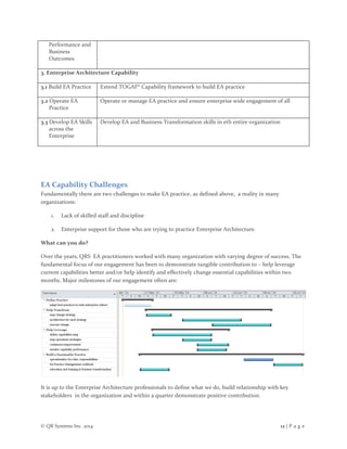 © QR Systems Inc. 2014 12 | P a g e
Performance and
Business
Outcomes
3. Enterprise Architecture Capability
3.1 Build EA Practice Extend TOGAF® Capability framework to build EA practice
3.2 Operate EA
Practice
Operate or manage EA practice and ensure enterprise wide engagement of all
3.3 Develop EA Skills
across the
Enterprise
Develop EA and Business Transformation skills in eth entire organization
EA Capability Challenges
Fundamentally there are two challenges to make EA practice, as defined above, a reality in many
organizations:
1. Lack of skilled staff and discipline
2. Enterprise support for those who are trying to practice Enterprise Architecture.
What can you do?
Over the years, QRS EA practitioners worked with many organization with varying degree of success. The
fundamental focus of our engagement has been to demonstrate tangible contribution to – help leverage
current capabilities better and/or help identify and effectively change essential capabilities within two
months. Major milestones of our engagement often are:
It is up to the Enterprise Architecture professionals to define what we do, build relationship with key
stakeholders in the organization and within a quarter demonstrate positive contribution.
 