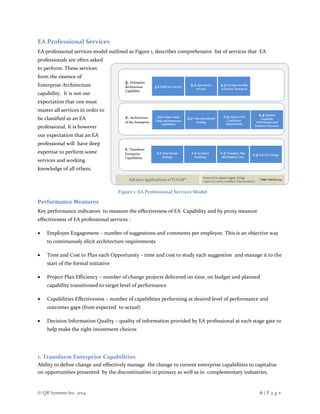 © QR Systems Inc. 2014 6 | P a g e
EA Professional Services
EA professional services model outlined as Figure 1, describes comprehensive list of services that EA
professionals are often asked
to perform. These services
form the essence of
Enterprise Architecture
capability. It is not our
expectation that one must
master all services in order to
be classified as an EA
professional. It is however
our expectation that an EA
professional will have deep
expertise to perform some
services and working
knowledge of all others.
Performance Measures
Key performance indicators to measure the effectiveness of EA Capability and by proxy measure
effectiveness of EA professional services :
 Employee Engagement – number of suggestions and comments per employee. This is an objective way
to continuously elicit architecture requirements
 Time and Cost to Plan each Opportunity – time and cost to study each suggestion and manage it to the
start of the formal initiative
 Project Plan Efficiency – number of change projects delivered on time, on budget and planned
capability transitioned to target level of performance
 Capabilities Effectiveness – number of capabilities performing at desired level of performance and
outcomes gaps (from expected to actual)
 Decision Information Quality – quality of information provided by EA professional at each stage gate to
help make the right investment choices
1. Transform Enterprise Capabilities
Ability to define change and effectively manage the change to current enterprise capabilities to capitalize
on opportunities presented by the discontinuities in primary as well as in complementary industries.
Figure 1: EA Professional Services Model
 