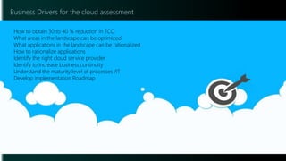 Business Drivers for the cloud assessment
How to obtain 30 to 40 % reduction in TCO
What areas in the landscape can be optimized
What applications in the landscape can be rationalized
How to rationalize applications
Identify the right cloud service provider
Identify to Increase business continuity
Understand the maturity level of processes /IT
Develop implementation Roadmap
 