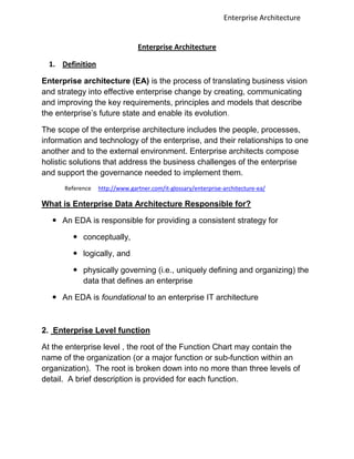 Enterprise Architecture


                                Enterprise Architecture

  1. Definition

Enterprise architecture (EA) is the process of translating business vision
and strategy into effective enterprise change by creating, communicating
and improving the key requirements, principles and models that describe
the enterprise‟s future state and enable its evolution.

The scope of the enterprise architecture includes the people, processes,
information and technology of the enterprise, and their relationships to one
another and to the external environment. Enterprise architects compose
holistic solutions that address the business challenges of the enterprise
and support the governance needed to implement them.
      Reference   http://www.gartner.com/it-glossary/enterprise-architecture-ea/

What is Enterprise Data Architecture Responsible for?

   An EDA is responsible for providing a consistent strategy for

         conceptually,

         logically, and

         physically governing (i.e., uniquely defining and organizing) the
          data that defines an enterprise

   An EDA is foundational to an enterprise IT architecture



2. Enterprise Level function

At the enterprise level , the root of the Function Chart may contain the
name of the organization (or a major function or sub-function within an
organization). The root is broken down into no more than three levels of
detail. A brief description is provided for each function.
 
