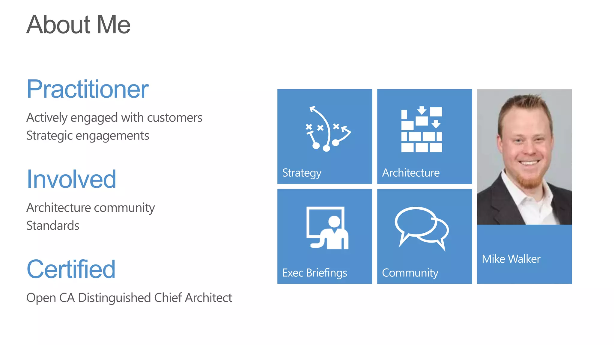 About Me

Practitioner
Actively engaged with customers
Strategic engagements


Involved
Architecture community
Standards


Certified
Open CA Distinguished Chief Architect
 