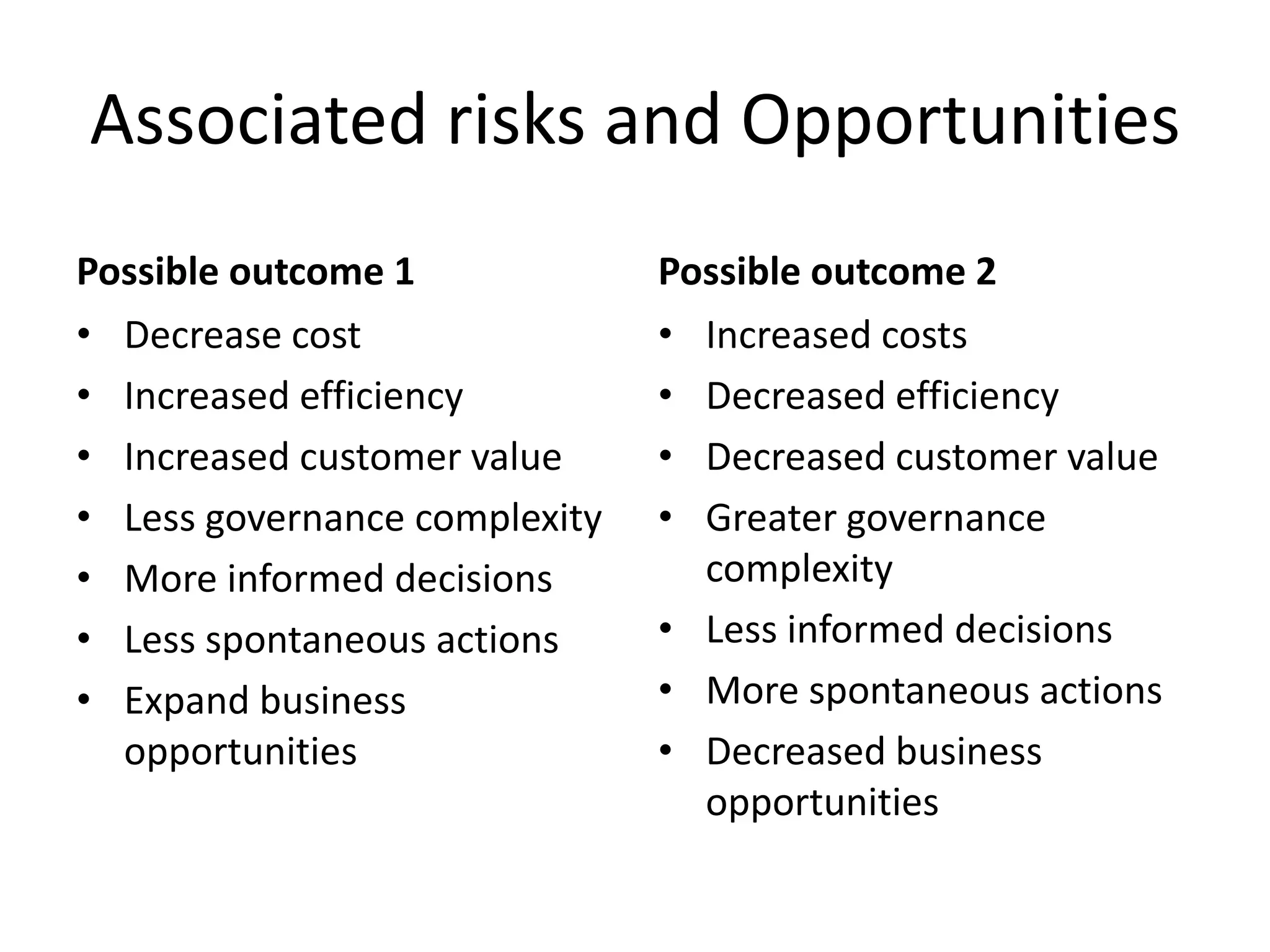 Associated risks and Opportunities
Possible outcome 1             Possible outcome 2
• Decrease cost                • Increased costs
• Increased efficiency         • Decreased efficiency
• Increased customer value     • Decreased customer value
• Less governance complexity   • Greater governance
• More informed decisions        complexity
• Less spontaneous actions     • Less informed decisions
• Expand business              • More spontaneous actions
  opportunities                • Decreased business
                                 opportunities
 