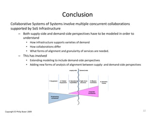 Conclusion
Collaborative Systems of Systems involve multiple concurrent collaborations
supported by SoS Infrastructure
– Both supply-side and demand-side perspectives have to be modeled in order to
understand
• How infrastructure supports varieties of demand
• How collaborations differ
• What forms of alignment and granularity of services are needed.
– This has involved
• Extending modeling to include demand-side perspectives
• Adding new forms of analysis of alignment between supply- and demand-side perspectives
Engineering
constraints
6: Decisive
Points
5: Mission
Command
4: Agile force
structure
pragmatic
constraints
3: Operational
Capabilities
2: Fielded
Equipment
1: Equipment
demand-sidesupply-side
22Copyright © Philip Boxer 2009
 