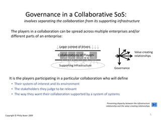 Governance in a Collaborative SoS:
involves separating the collaboration from its supporting infrastructure
The players in a collaboration can be spread across multiple enterprises and/or
different parts of an enterprise:
Larger context of drivers
Governance
Collaborations of Players
Value-creating
relationships
It is the players participating in a particular collaboration who will define
• Their system-of-interest and its environment
• The stakeholders they judge to be relevant
• The way they want their collaboration supported by a system of systems
Supporting Infrastructure
5Copyright © Philip Boxer 2009
Preventing disparity between the infrastructure
relationship and the value-creating relationships
 