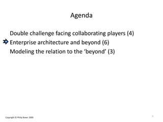 Agenda
Double challenge facing collaborating players (4)
Enterprise architecture and beyond (6)
Modeling the relation to the ‘beyond’ (3)
7Copyright © Philip Boxer 2009
 