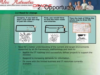 2. Opportunity
2.3 Need for change
 Need for a better understanding of the current and target environments
supported by an EA framework, methodology and tools to:
 Realize the IT roadmap and successfully deliver projects to support the
XXXXXX
 Respond to increasing demands for information.
 Do more with the limited business and IT resources currently
available.
Imagine, if you had to
plan a trip with the map
of just the cities !
First, you would have
to find the main roads
and arteries.
Then the task of filling the
whole map to draw the
itinerary.
 