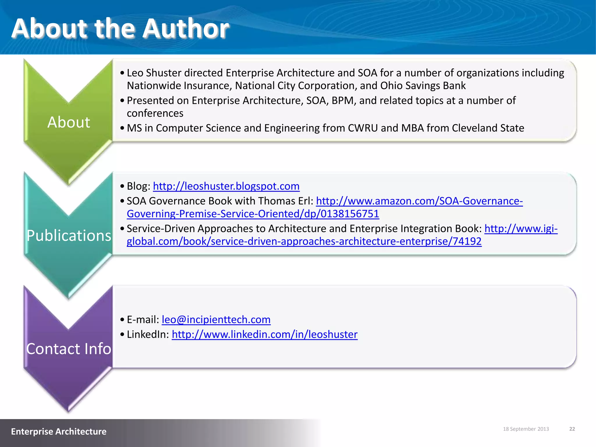 18 September 2013 22
Enterprise Architecture
About the Author
About
•Leo Shuster directed Enterprise Architecture and SOA for a number of organizations including
Nationwide Insurance, National City Corporation, and Ohio Savings Bank
•Presented on Enterprise Architecture, SOA, BPM, and related topics at a number of
conferences
•MS in Computer Science and Engineering from CWRU and MBA from Cleveland State
Publications
•Blog: http://leoshuster.blogspot.com
•SOA Governance Book with Thomas Erl: http://www.amazon.com/SOA-Governance-
Governing-Premise-Service-Oriented/dp/0138156751
•Service-Driven Approaches to Architecture and Enterprise Integration Book: http://www.igi-
global.com/book/service-driven-approaches-architecture-enterprise/74192
Contact Info
•E-mail: leo@incipienttech.com
•LinkedIn: http://www.linkedin.com/in/leoshuster
 