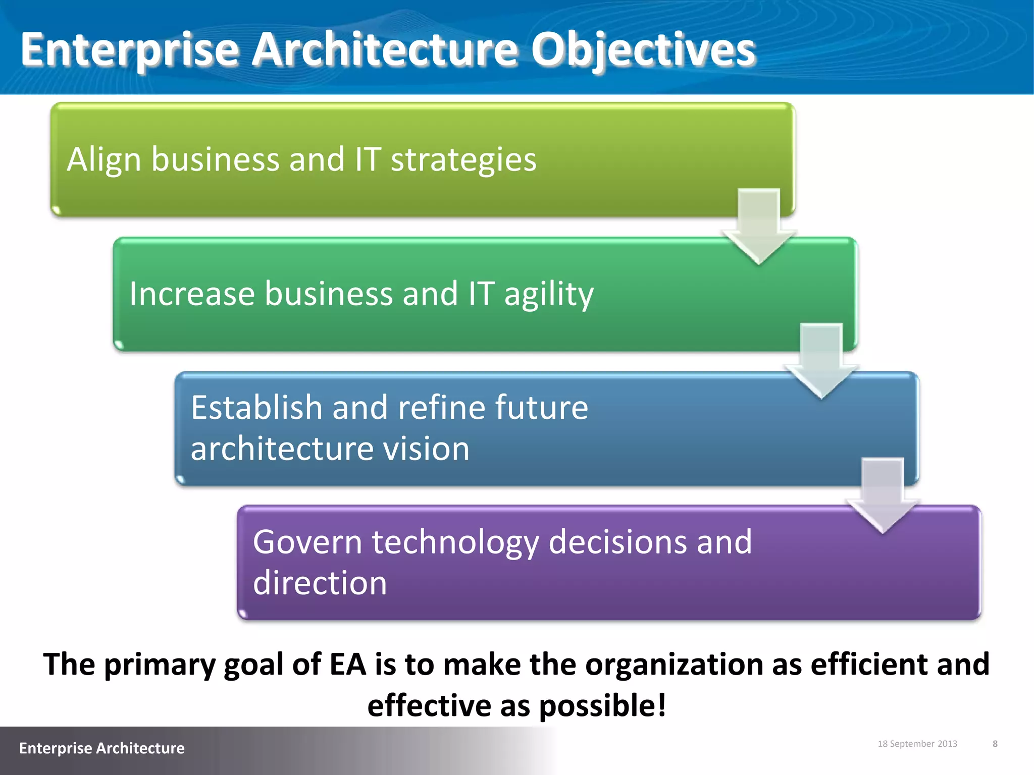 18 September 2013 8
Enterprise Architecture
Enterprise Architecture Objectives
Align business and IT strategies
Increase business and IT agility
Establish and refine future
architecture vision
Govern technology decisions and
direction
The primary goal of EA is to make the organization as efficient and
effective as possible!
 