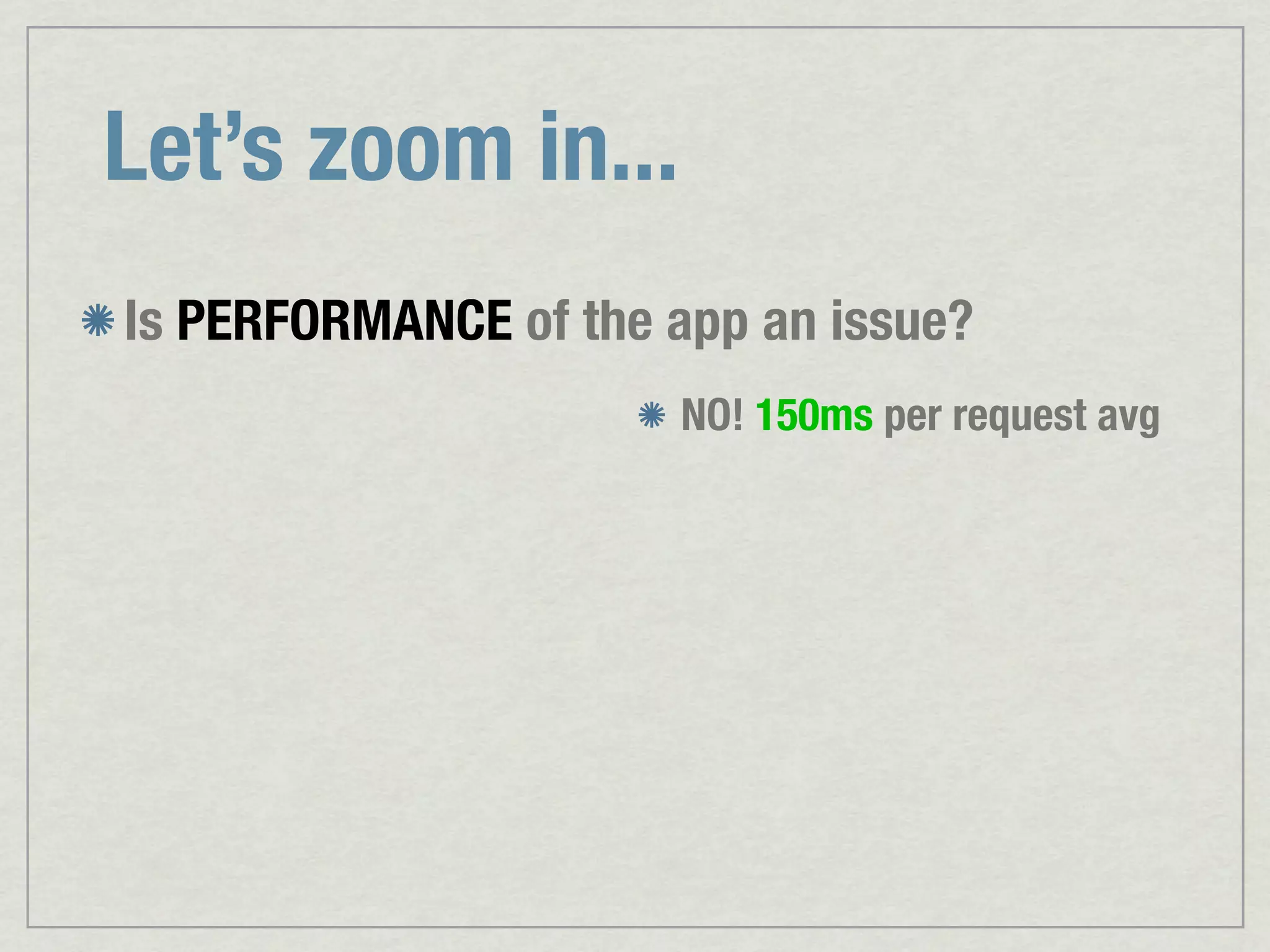 Let’s zoom in... Is PERFORMANCE of the app an issue? NO! 150ms per request avg 